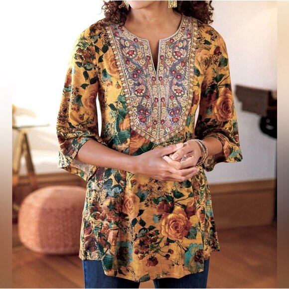 Soft Surroundings Miranda Mixte Tunic Top‎ Women's XL Viscose Embroidered Gold - Picture 2 of 11